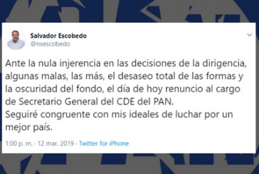 Escobedo rompe con Genoveva, renuncia a secretaría general del PAN